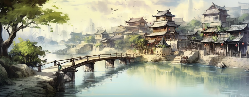 绿色田园风光江南水乡小桥流水房屋插画,插画/手绘图,插画/手绘图库,插画/手绘图下载,插画/手绘